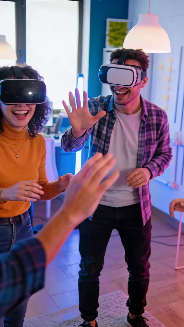 Video verticale: Uomo in camicia a quadri che risponde a un prompt VR, allunga la mano per un "cinque" in ufficio, con visori VR.