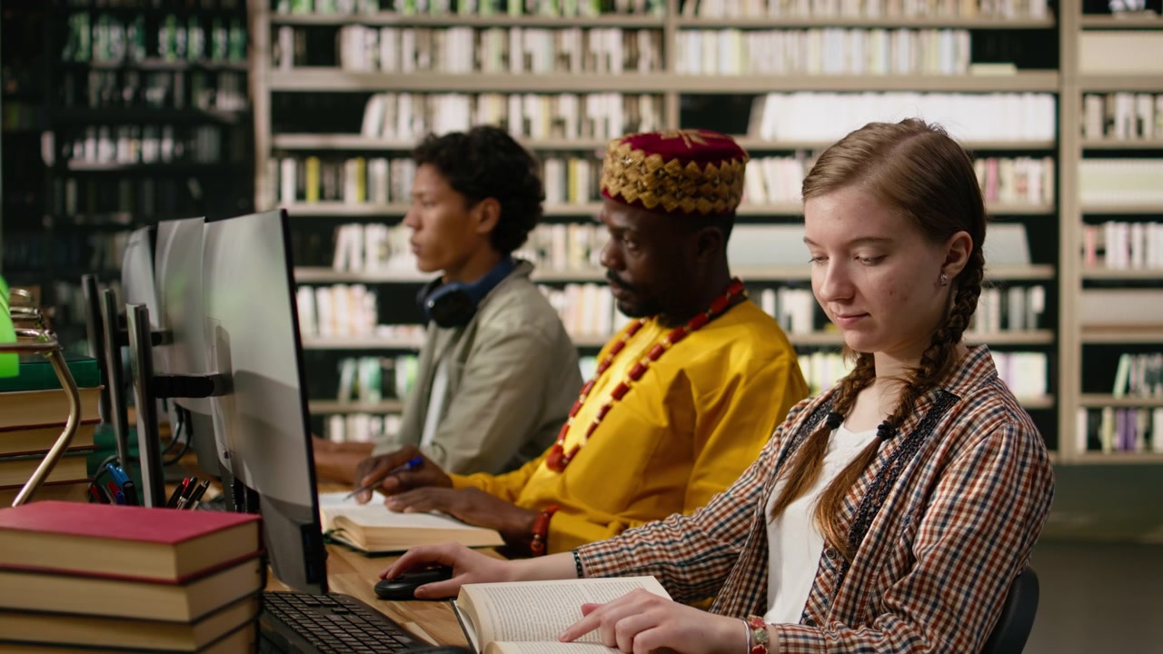 Woman student reads open book and uses desktop computer for notetaking