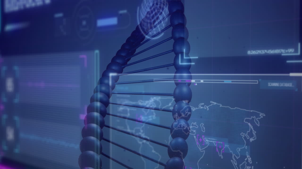 Animation of dna strand over data processing on black background