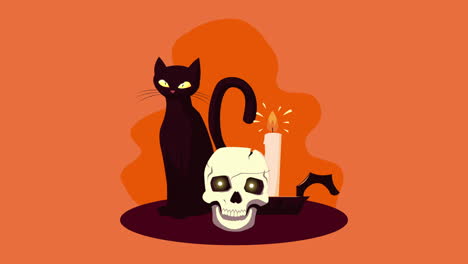 happy halloween animation with skull and black cat