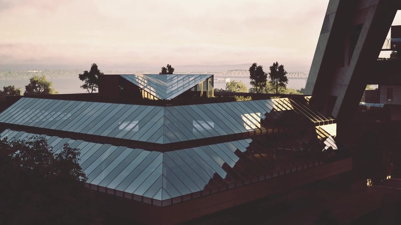 La escena muestra un cielo pastel y una azotea moderna con vista al agua