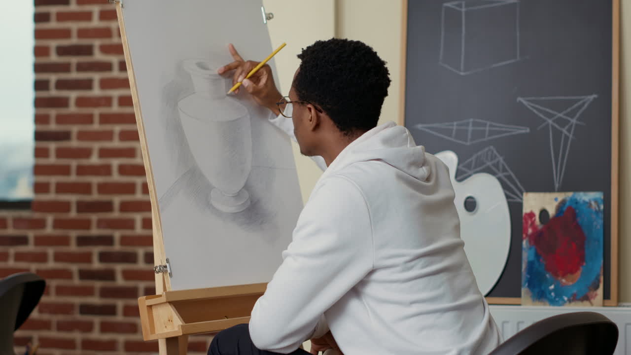 African american student using pencil to draw vase on canvas