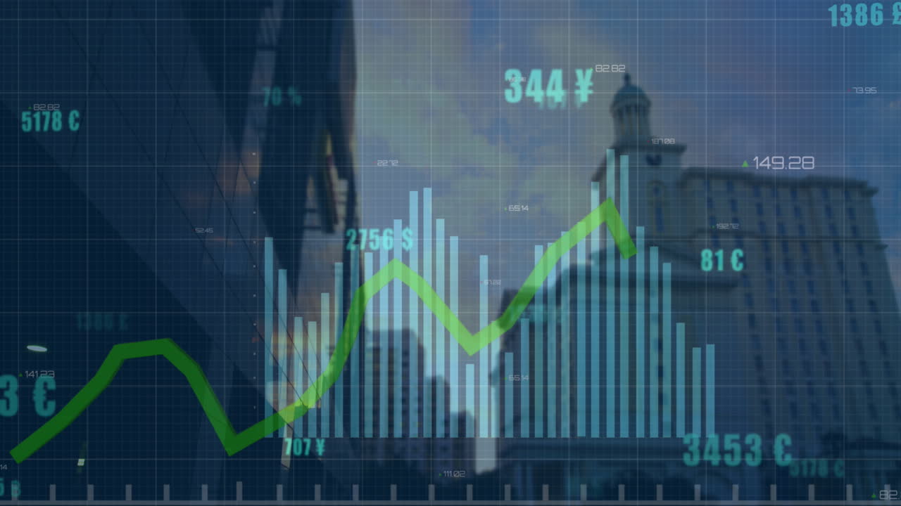 animación del procesamiento de datos estadísticos en comparación con la vista aérea del paisaje urbano.