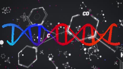 Animation-of-dna,-molecular-and-chemical-structures-against-black-background