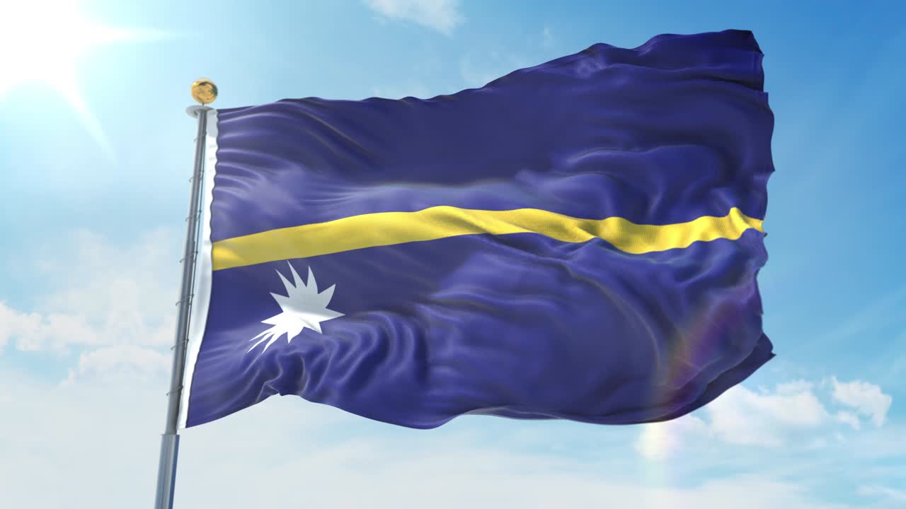 Bandiera di Nauru che sventola al vento contro un cielo blu intenso. Tema nazionale, concetto internazionale. Render 3D Loop Continuo 4K