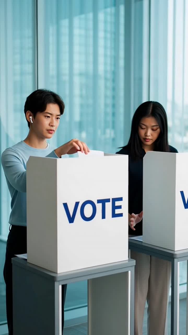 Asian people voting in election booth participating in democracy