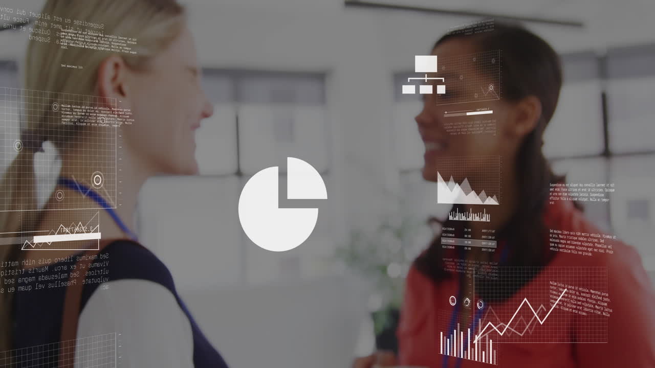 animación de procesamiento de datos con iconos de negocios sobre diversos colegas discutiendo el trabajo en la oficina
