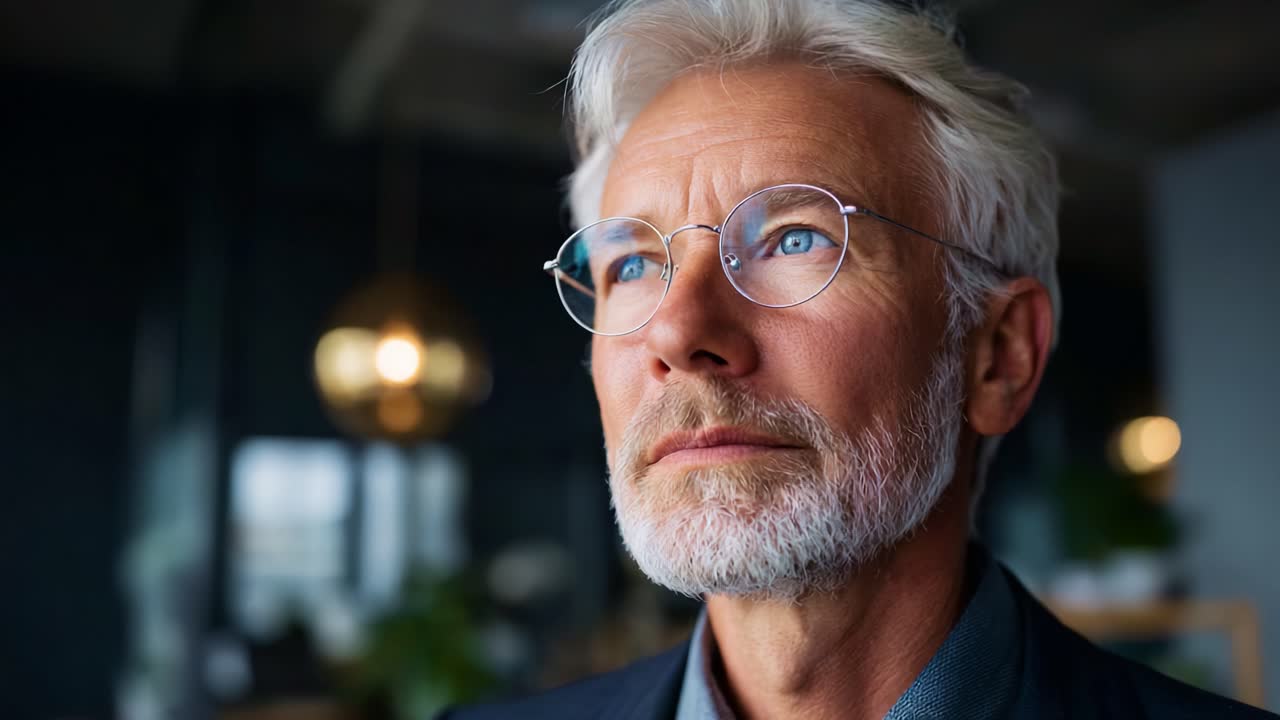 Pensive Older Man with Silver Hair and Glasses Contemplates Life in a Stylish Modern Interior, Showcasing Character and Depth in a Thoughtful Retreat Environment