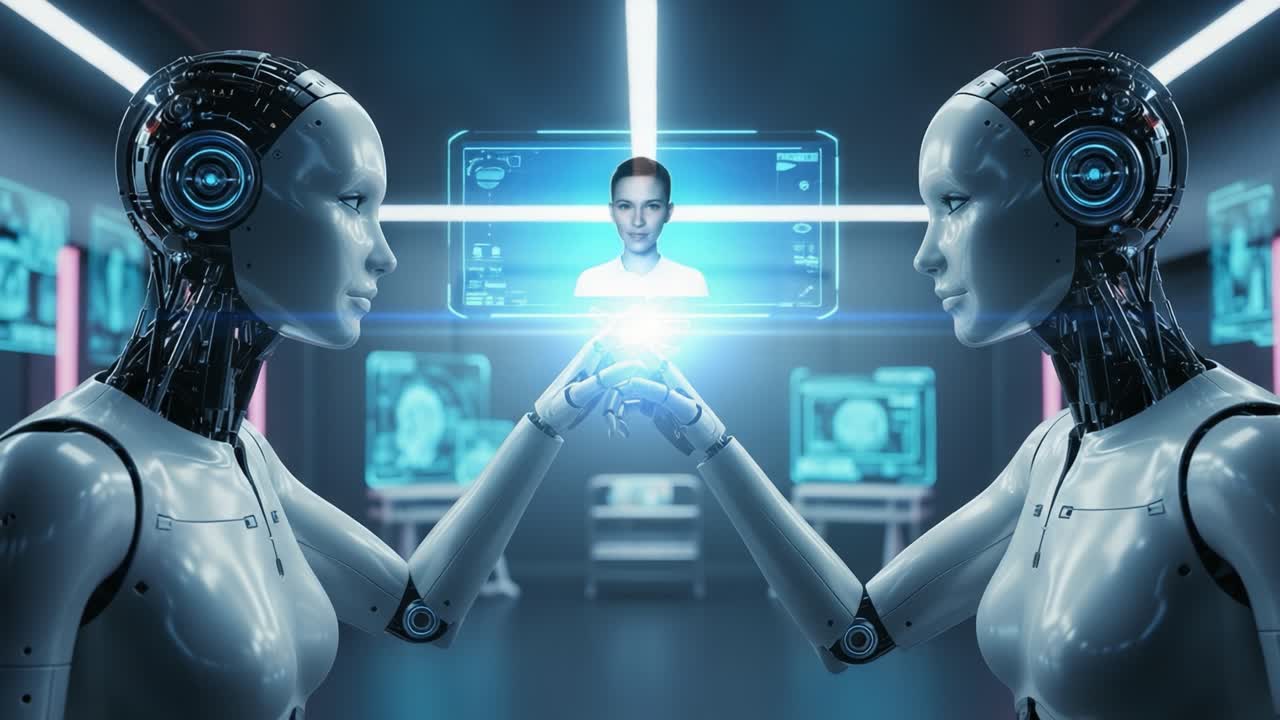 Exploring Connectivity: Two Advanced Robots Engaging in Communication, Merging Technology with Human-Like Interaction in a Futuristic Environment
