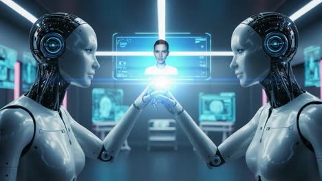 exploring connectivity: two advanced robots engaging in communication, merging technology with human-like interaction in a futuristic environment