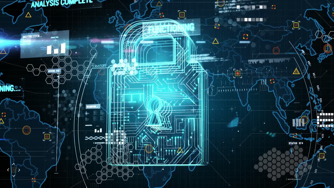 Animation of online security padlock, markers and data processing over world map