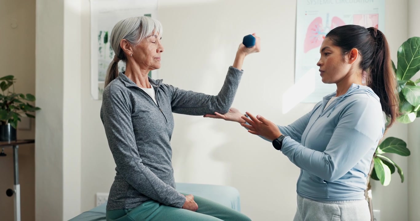 Physical Therapist Assisting Senior Woman with Arm Exercise