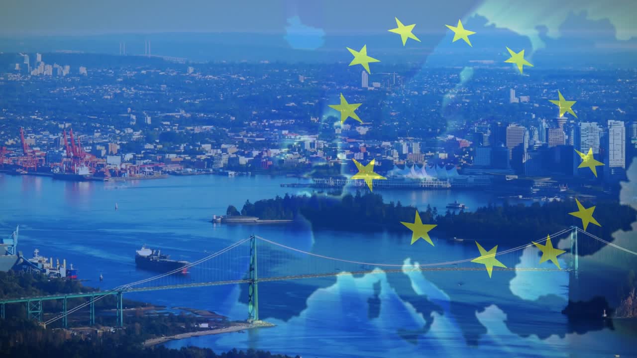 On fade-in, blue Europe map appearing over harbor, stars rotating, pulsing, showing trade link