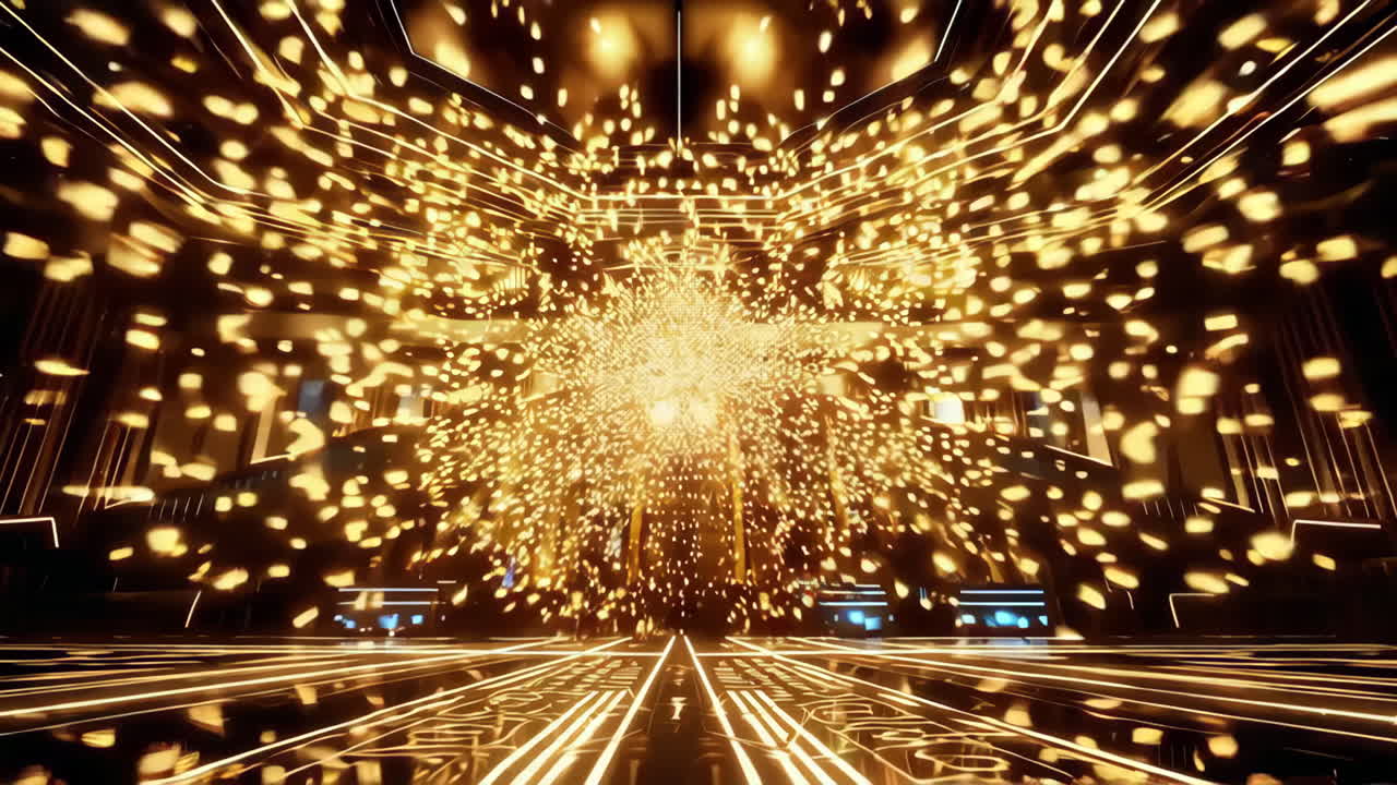 Futuristic Gold Hallway with Glowing Particles