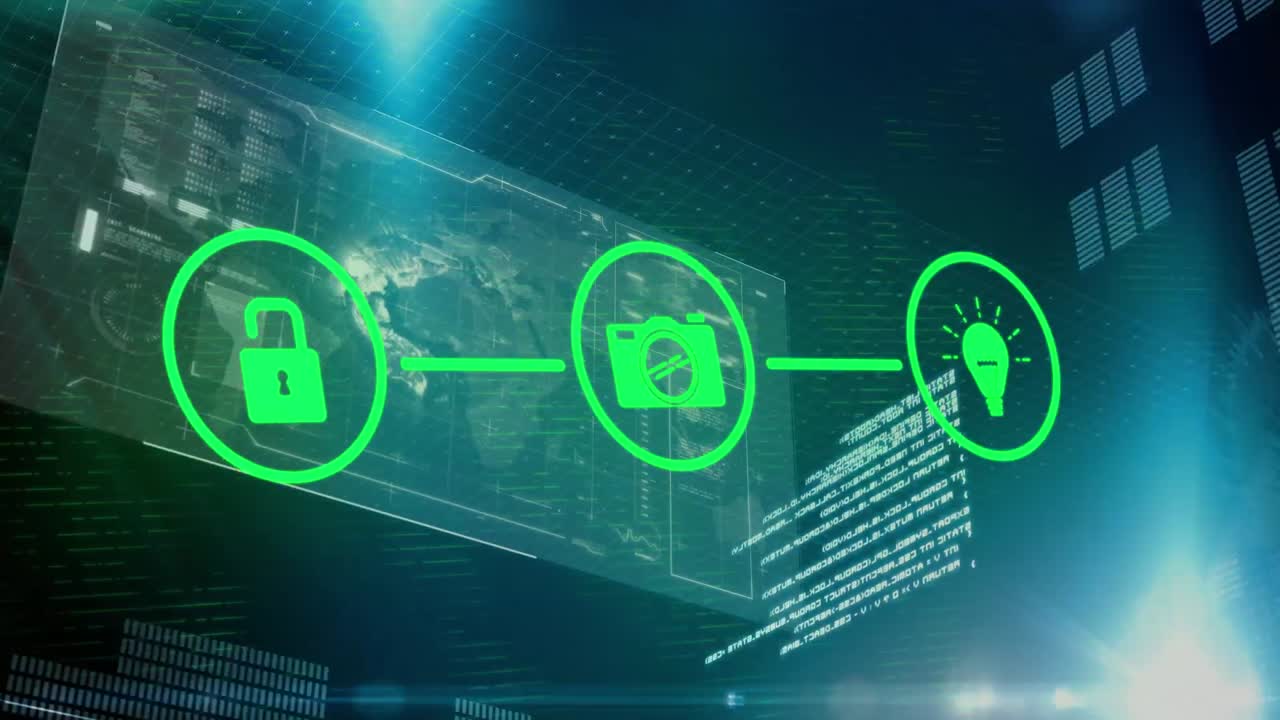 анимация сети соединений с иконками над обработкой данных на черном фоне