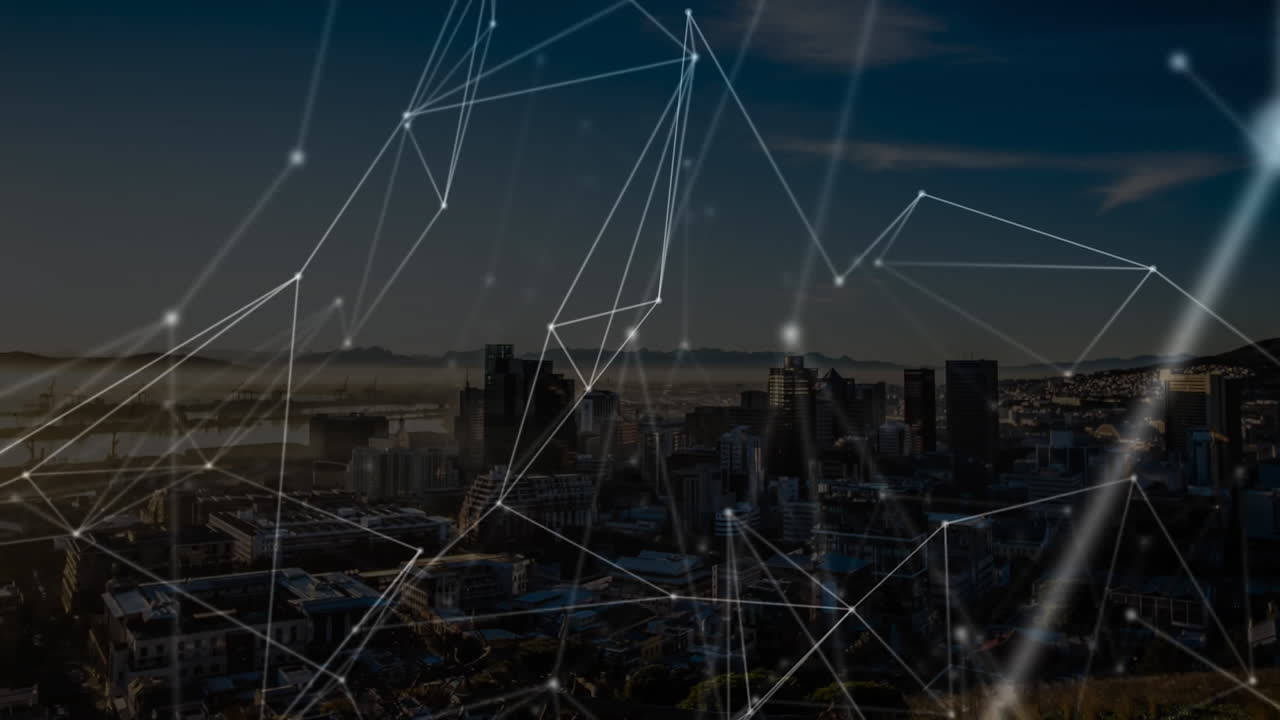 Animation of network of connections and data processing over cityscape