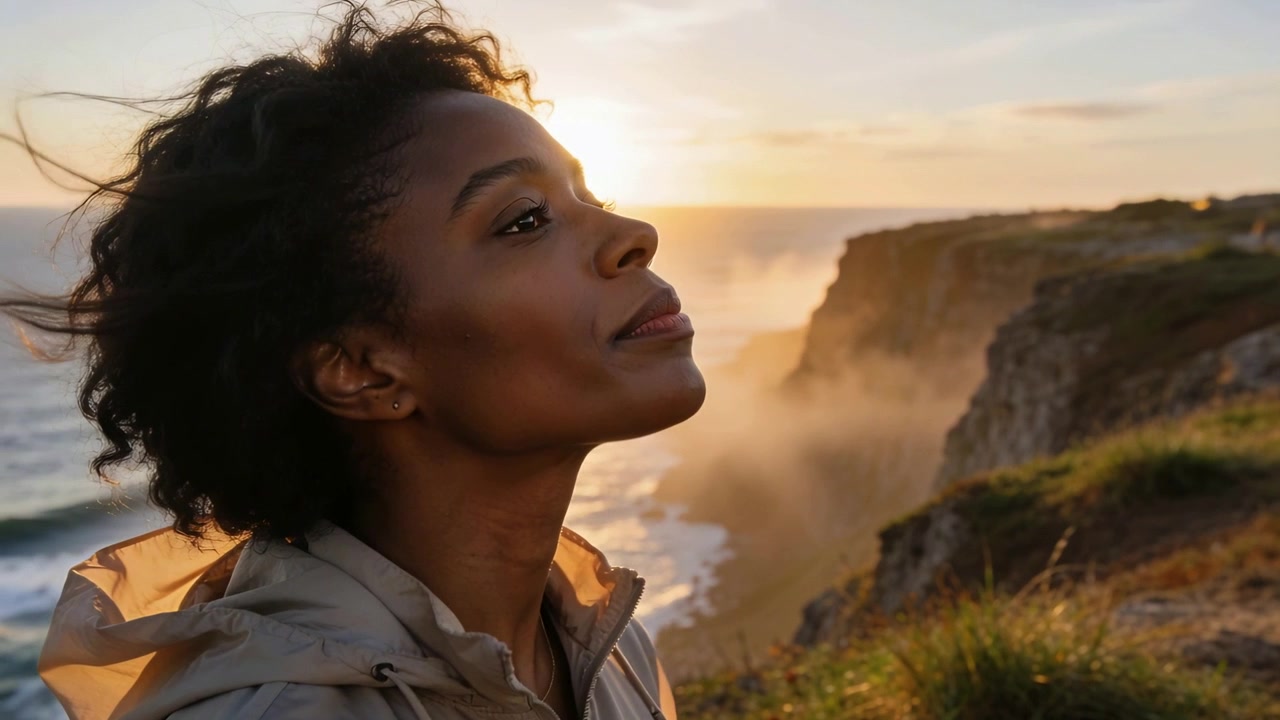 Turning woman lifting chin, closing eyes at coastal cliff as sun moving into view, sensing breeze