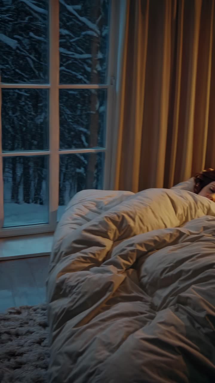 A cozy bedroom scene captured from a high angle, featuring a person resting under soft lighting