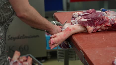 butcher doing abbatoir slaughterhouse operations and cutting pig leg