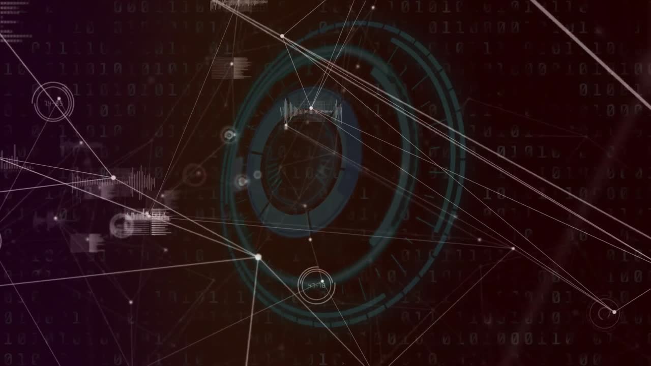 검은 바탕에 스 ⁇  스캐닝을 통해 데이터 처리를 하는 연결 네트워크의 애니메이션