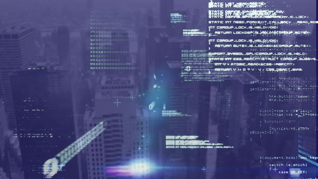 Animation of data processing and light trails over cityscape