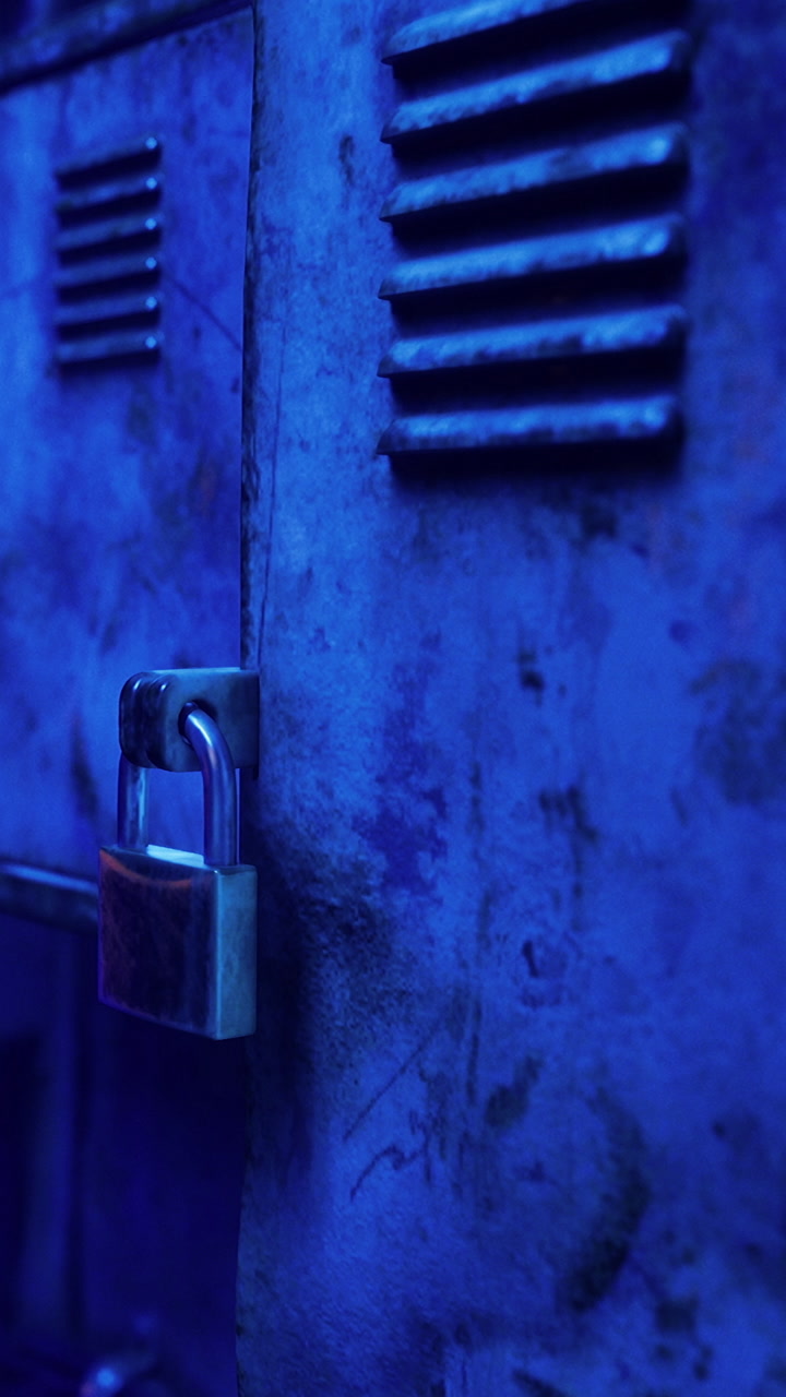 Lock on a blue locker in a dimly lit space at night