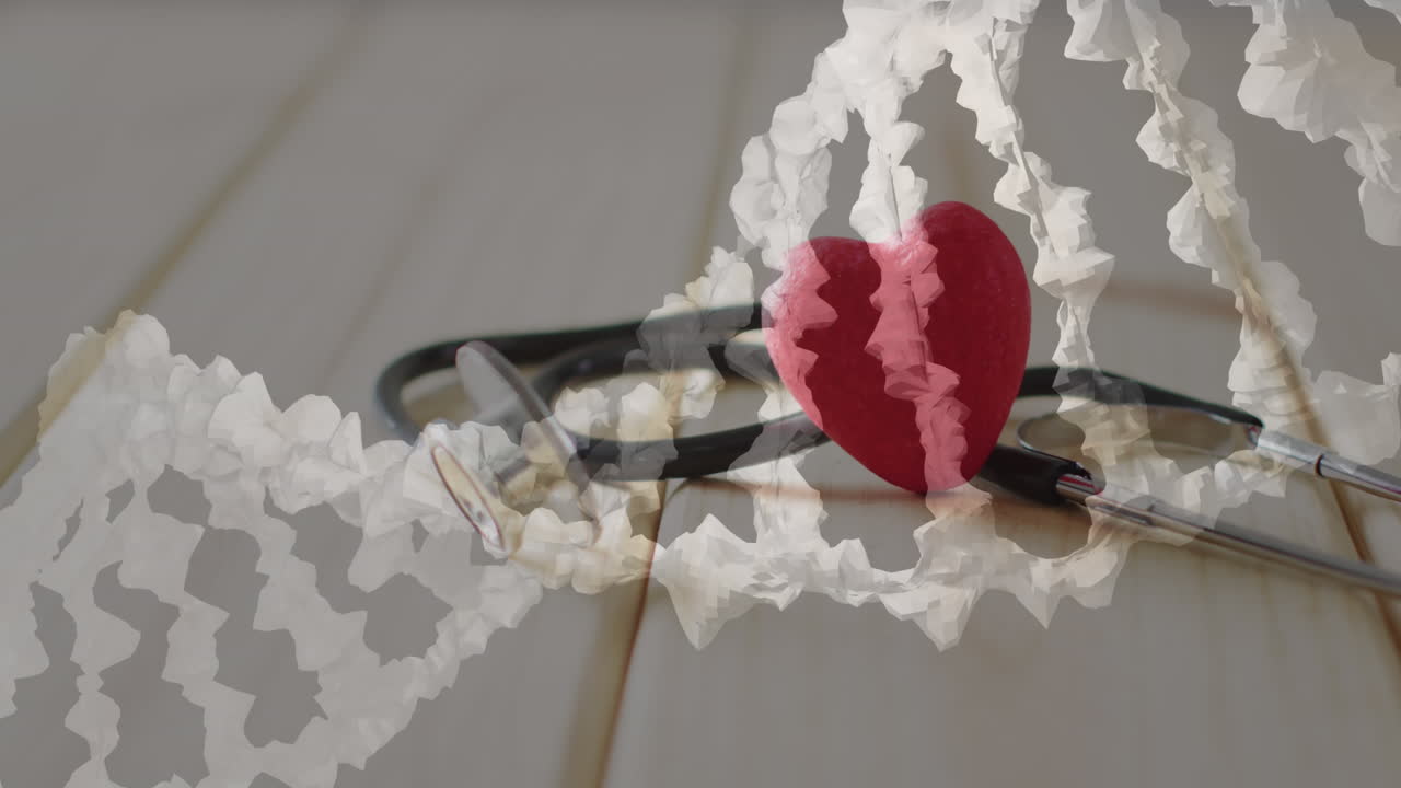 심장과 스테토스코프 위의 dna 줄무의 애니메이션