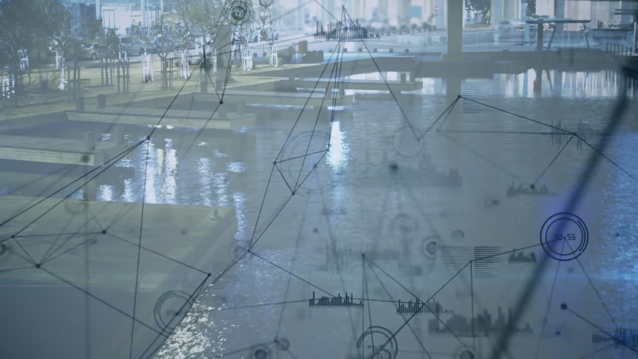 Animation of network of connections and data processing over cityscape