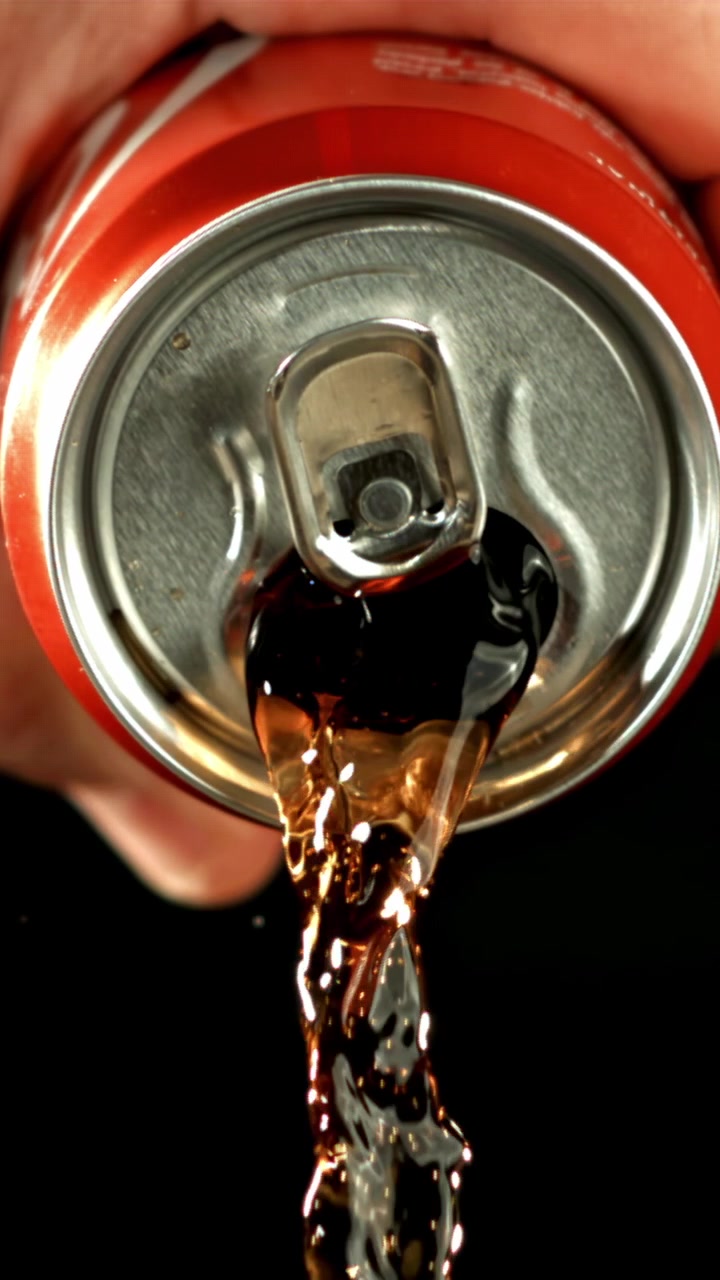 Cola rinfrescante che si versa da una lattina di bibita rossa