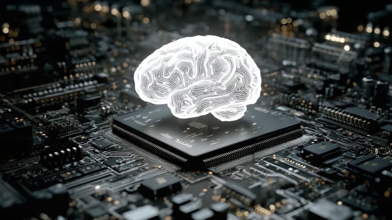 A Futuristic Visualization of Artificial Intelligence: A Glowing Brain on a Circuit Board, Symbolizing the Intersection of Technology and Neural Networks in Modern Computing
