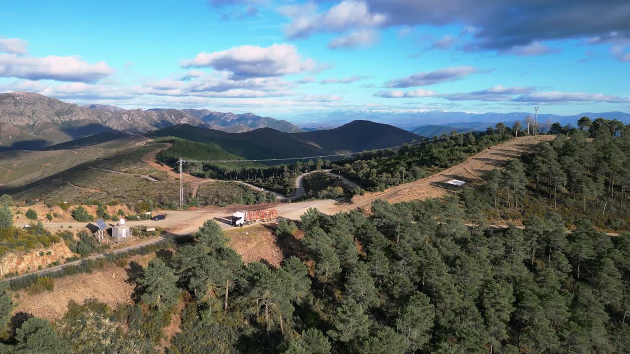 Vista dal drone di un camion per il trasporto di legname che trasporta tronchi lungo una strada sterrata di montagna. Paesaggio di pineta con valli, linee elettriche e infrastrutture rurali.