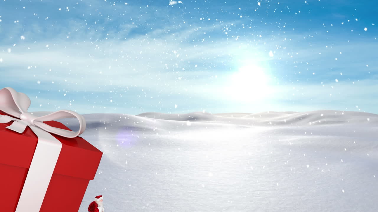 겨울 풍경에서 크리스마스 선물에 눈이 떨어지는 애니메이션