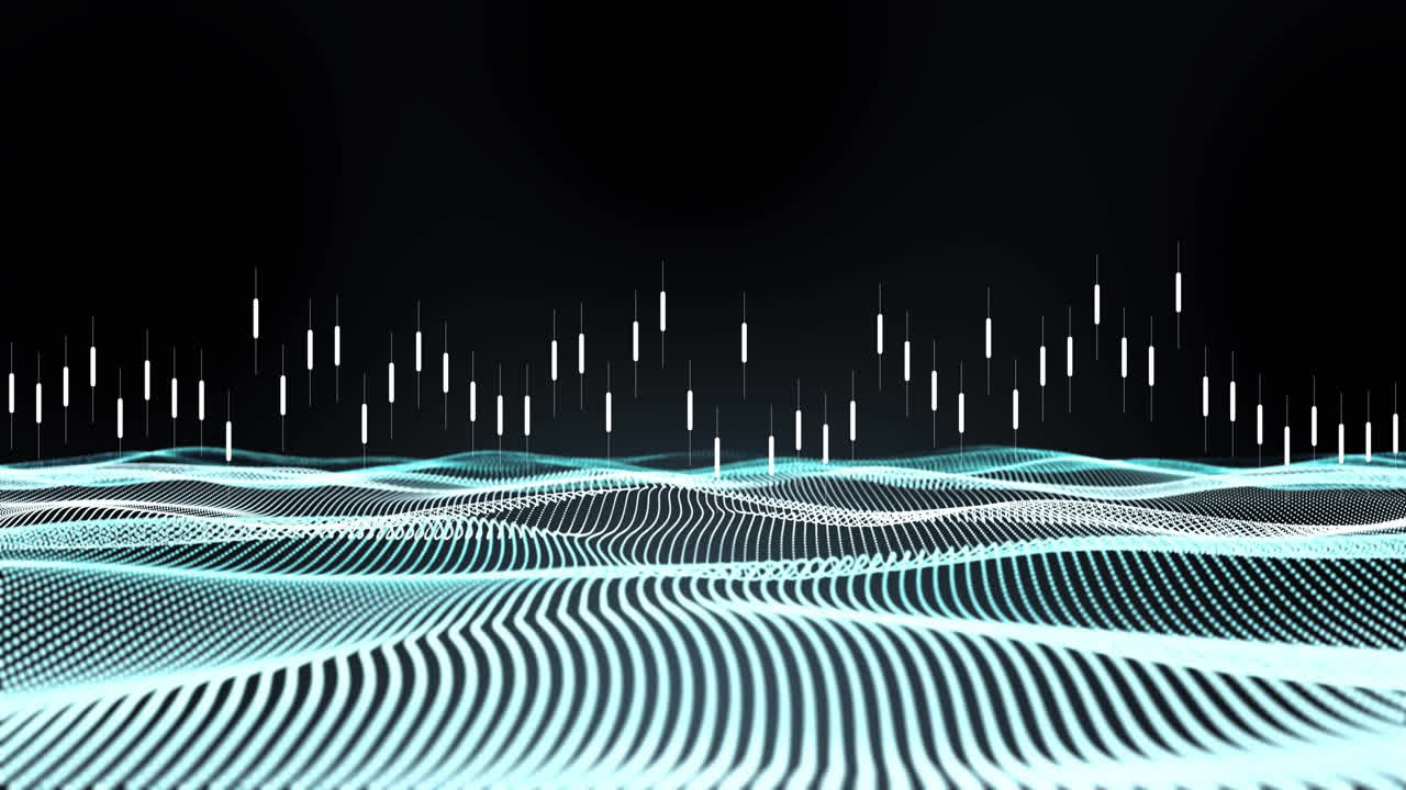 검은색 배경에 반이는 메쉬 위에 디지털 데이터 처리의 애니메이션