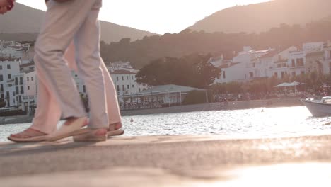 dog walking at the seaside with old couple, costa brava