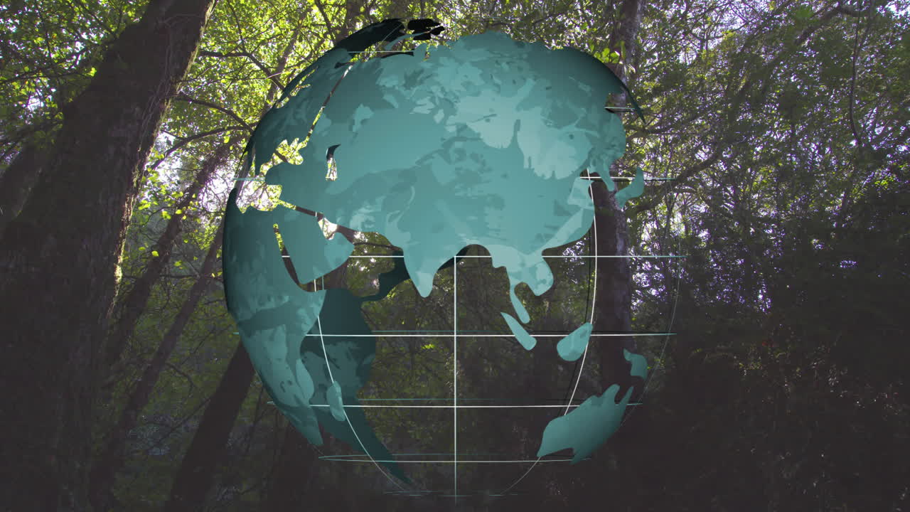 Rotating globe animation over lush green forest background, focusing on environmental themes