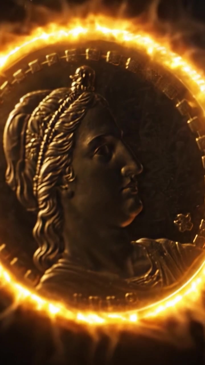 Uno sguardo all'antica ricchezza: questa magnifica moneta presenta il profilo di una figura regale, che simboleggia potere e ricchezza, catturata con dettagli e illuminazione mozzafiato.