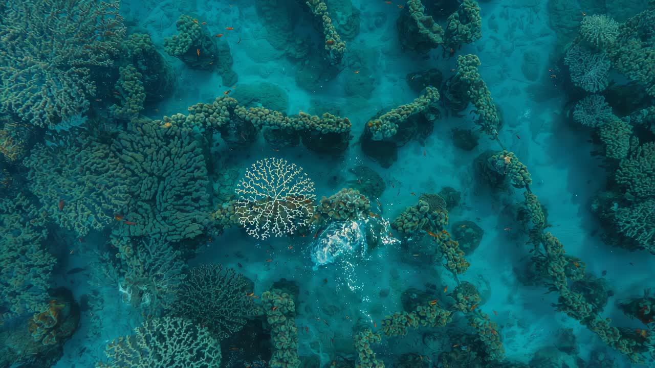 Penyelam snorkeling yang meluncur memakai rash guard memasuki saluran karang, mengaduk gumpalan pasir saat menjelajahi karang
