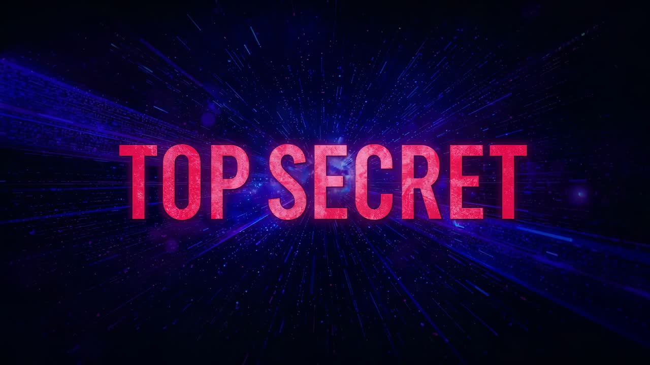 Pulsing red TOP SECRET title reacting to blue nebula glow on dark cosmic background, showing dust