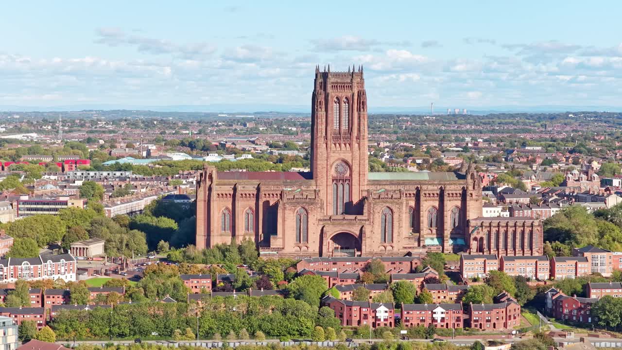 Aerial drone footage of Liverpool Cathedral. This cinematic clip captures the scale of the historic Anglican cathedral