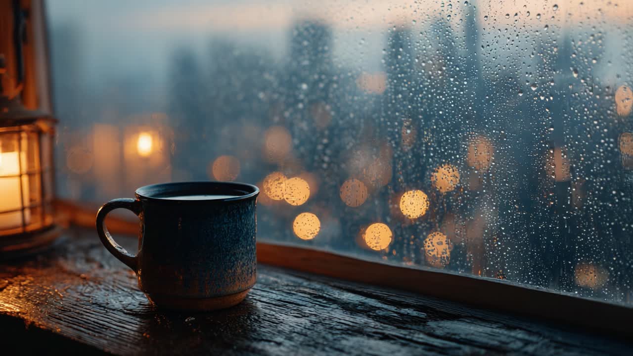 Attimi accoglienti catturati: una vista serena con una tazza calda nelle piovose notti in città, che evoca tranquillità e comfort vicino alla finestra