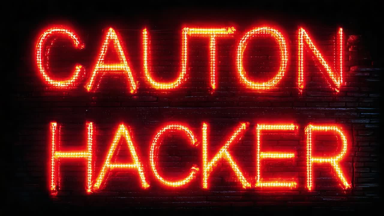 Illuminated Warning Sign Featuring the Words 'Caution Hacker' in Bright Neon Red Letters Against a Dark Background, Highlighting Cybersecurity Risks and Awareness
