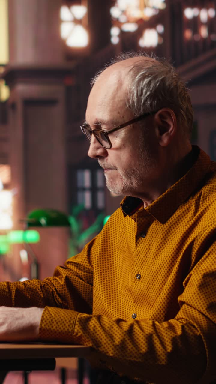 Vertical Video Elderly man highlighting important ideas from coursework papers