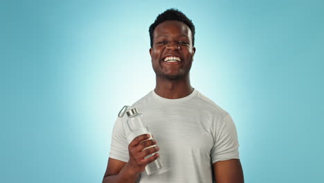 Black-man,-water-bottle-and-health-with-wellness