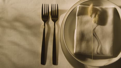 overhead of table setting with plate napkin and cutlery