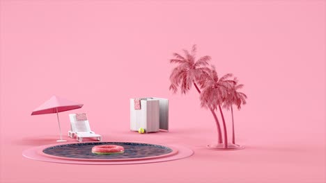 con un fondo rosado en la piscina redonda flota rosquilla inflable. junto a la piscina hay una chaise lounge con un paraguas, una cabana para cambiar. rodar una pelota