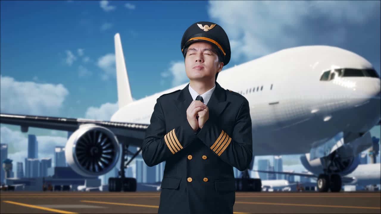 비행 하기 전 에 기도 하는 조종사