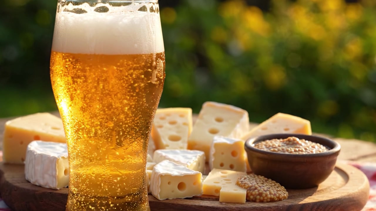 Un rinfrescante bicchiere di birra accompagnato da una varietà di formaggi e senape, perfetto per un rilassante spuntino all'aperto nella natura.