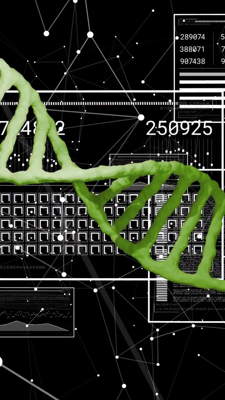 DNA strand and scientific data processing animation over black background with numbers