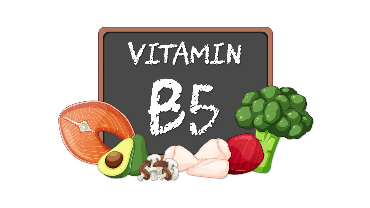 Chalkboard with Vitamin B5 text surrounded by illustrated healthy foods, smooth buildup, bright lighting
