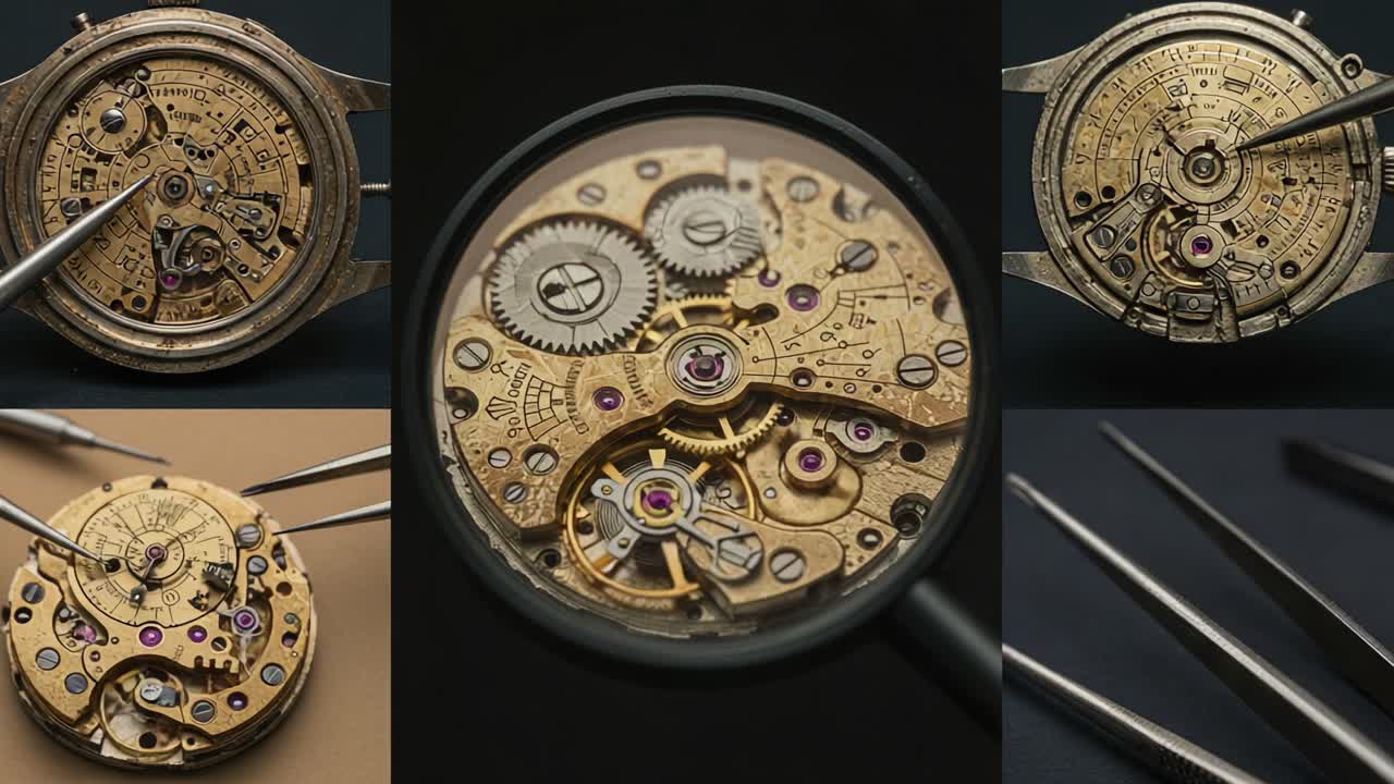 Detailed Examination of Intricate Watch Mechanisms under Magnification, Showcasing Gears and Jewels in Precision Timepieces' Inner Workings